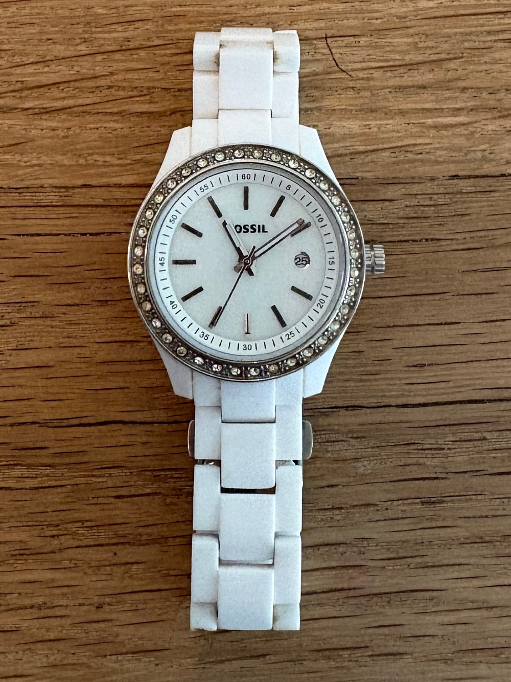 Fossil White Ceramic Watch with Crystal Bezel